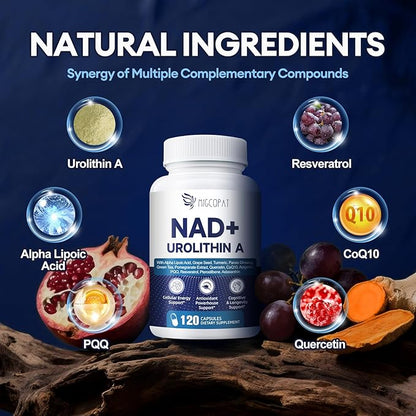 NAD Supplement for Women Men with Urolithin A, Resveratrol, PQQ, Alpha Lipoic Acid, Quercetin | NAD+ Supplement for Anti Aging, Energy, Antioxidant, Metabolism Support, 120 Capsules