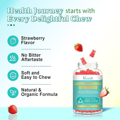 Ashwagandha Gummies with Turmeric GABA Mood Energy and Immune Support, Strawberry Flavor 60 Cts