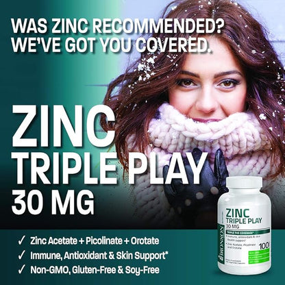 Bronson Zinc Triple Play 30 mg Triple Coverage Immune Support with Zinc Acetate, Picolinate & Orotate - Immune, Antioxidant & Skin Health Support - 100 Vegetarian Capsules