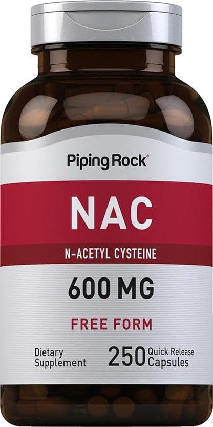 Piping Rock NAC Supplement N-Acetyl Cysteine | 600mg | 250 Capsules | Free Form | Non-GMO, Gluten Free Supplement