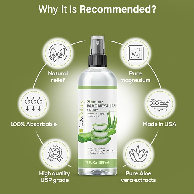 Topical Magnesium Spray with Aloe Vera - Pure Magnesium Oil Spray for Stress Relief - USP Grade Aloe Vera Magnesium Spray for Sleep - 12 Fl Oz