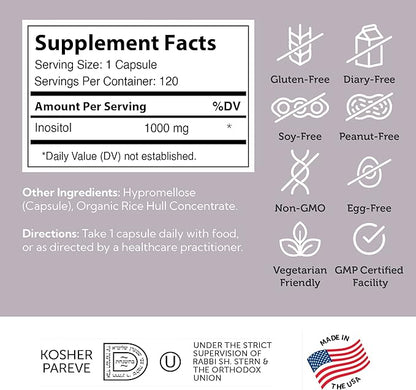 Zahler Inositol Supplement Capsules 1000mg - Mood & Nervous System Support Supplements for Women - Hormone Balance & Healthy Ovarian Function - Kosher, Gluten Free, Dairy Free - 120 Count