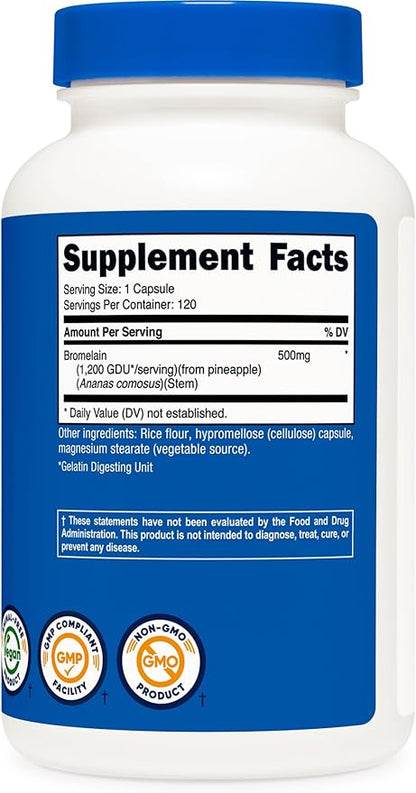 Nutricost Bromelain 500mg, 120 Vegetarian Capsules - Bromelain (1200 GDU), Non-GMO, Gluten Free