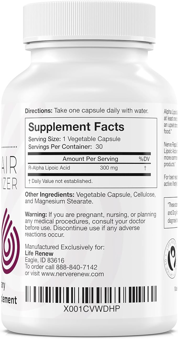 NERVE RENEW Optimizer - Dietary Supplement - 30 Capsules - 300 mg Stabilized R-Alpha Lipoic Acid per Capsule for Natural Nerve Discomfort Support - Fast Absorption - Safe and All Natural