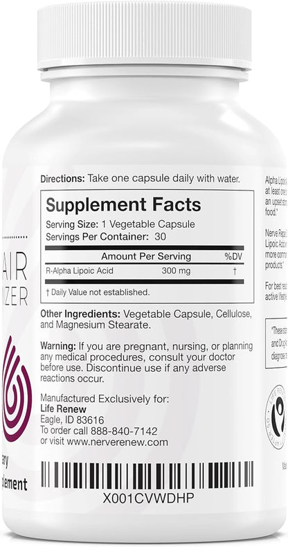 NERVE RENEW Optimizer - Dietary Supplement - 30 Capsules - 300 mg Stabilized R-Alpha Lipoic Acid per Capsule for Natural Nerve Discomfort Support - Fast Absorption - Safe and All Natural