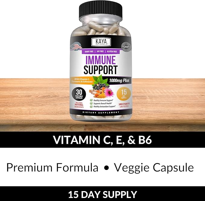 Kaya Naturals Elderberry Immune Support | Vitamins with Zinc and Vitamin C for Adults, Probiotics & Turmeric 1000mg Immune System Booster Sambucus Capsules - 30 Count