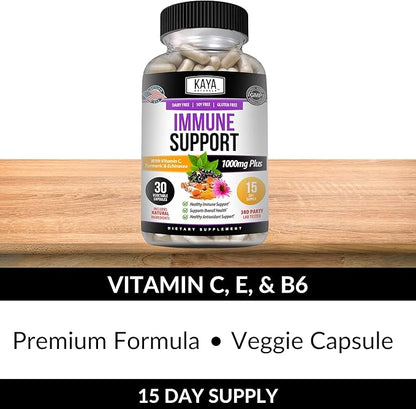 Kaya Naturals Elderberry Immune Support | Vitamins with Zinc and Vitamin C for Adults, Probiotics & Turmeric 1000mg Immune System Booster Sambucus Capsules - 30 Count