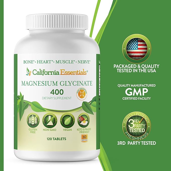 Magnesium Glycinate 400 - Chelated, High Absorption Magnesium for - Vegan, Non-GMO, Gluten-Free 120 Tablets (Servings 60, Serving Size (2) 200mg Tablets)