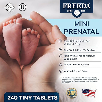 FREEDA Mini Prenatal Vitamin - Kosher Prenatals -Tiny Easy to Swallow Tablets - Prenatal Vitamins with Iron, Prenatal Folic Acid/Folate, Vitamin D - Pre Natal Multivitamin for Pregnant Women (240)