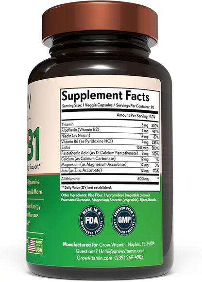 grow vitamin Beyond B1 Complex - Allithiamine Natural Vitamin B1 Supplement with Essential B-Vitamins, Thiamin, Niacin, Biotin, Magnesium & More - Supports Energy, Mood & Nervous System - 90 Capsules