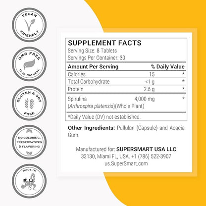 Supersmart - Spirulina 4000mg per Day (Easy-to-Take) - Blue Green Algae - Natural Vegan Friendly Superfood | Non-GMO & Gluten Free - 240 Tablets
