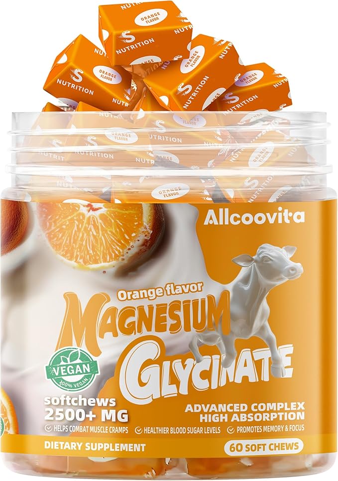 Magnesium Glycinate Soft Chews, Orange Flavor.Chewable Sugar Free Potassium Magnesium Chews with Magnesium Glycinate, Vitamin D, B6, and CoQ10 for Calm Support & Sleep for Adults, 60 Days Supply