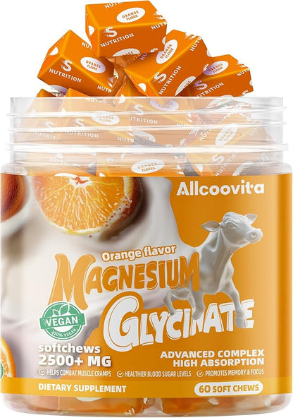 Magnesium Glycinate Soft Chews, Orange Flavor.Chewable Sugar Free Potassium Magnesium Chews with Magnesium Glycinate, Vitamin D, B6, and CoQ10 for Calm Support & Sleep for Adults, 60 Days Supply