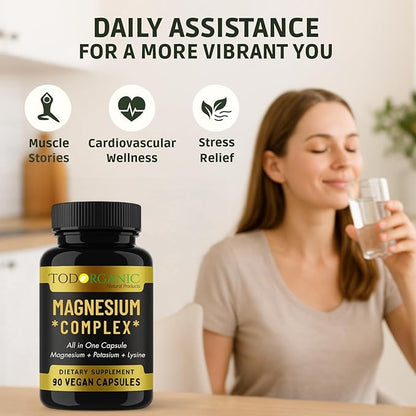 Todorganic Magnesium Citrate, Potassium Citrate and Lysine for Enhanced Leg Cramp Relief and Restful Sleep | Vegan Potassium Magnesium Supplement | 90 Capsules with High-Absorption