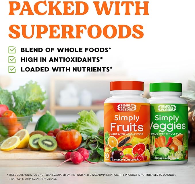 Simply Nature's Pledge - Packed with 42 Different Fruits & Vegetables - 4 Month Supply- Made with Whole Food Superfoods - with Aloe Vera – 100% Soy Free - 720 Capsules