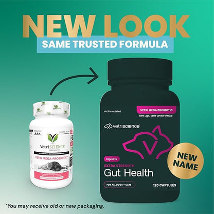 VetriScience Extra Strength Gut Health Probiotic & Prebiotic Digestive Supplements for Dogs & Cats, Gas & Diarrhea & Immune Support, Easy-Open Capsules, 120 Count - New Look