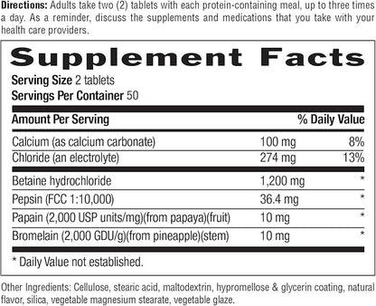 Country Life Betaine Hydrochloride with Pepsin, 600mg, 100 Tablets, Certified Gluten Free