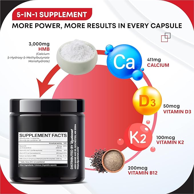 HMB with Vitamin D3, K2 & B12 – Supports Strength & Muscle Mass – Advanced Muscle Health Supplement -150 Capsules- Made in USA