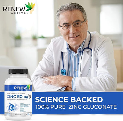 Renew Actives Zinc Supplements 50MG per Serving - Essential for Immune Health, Strong Bones & Promoting Healthy Hair, Nails & Glowing Skin for Daily Use - Made in Canada - 250 Tablets