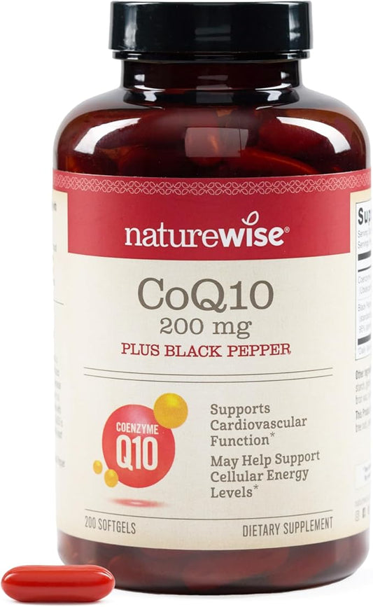 NatureWise CoQ10 200mg Softgels, High Absorption Coenzyme Q10 with BioPerine Black Pepper - Antioxidant for Heart Health + Cellular Energy - Vegan, Non-GMO, Gluten-Free - 200 Count[200-Day Supply]