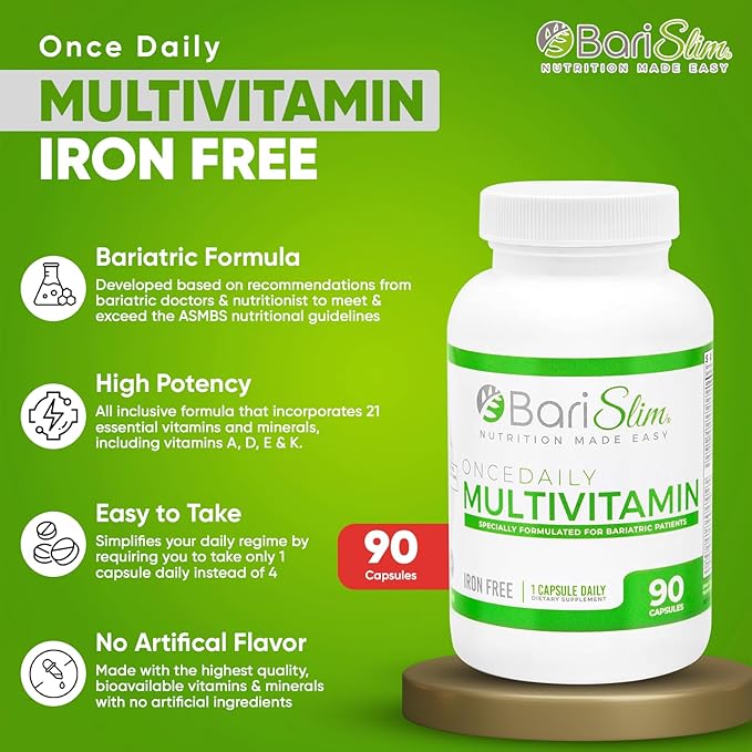 BariSlim Once Daily Bariatric Multivitamin Capsule - Iron-Free Formula - Bariatric Vitamin and Supplement for Post Surgery, Including Gastric Bypass and Gastric Sleeve | 90-Day Supply