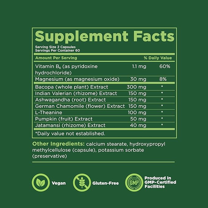 Sleep Support Supplement with Bacopa, Valerian, Ashwagandha, and Other Herbs and Vitamins, Supports Healthy Sleep Patterns, 60 Day Supply, 120 Capsules