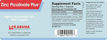 Karuna Health Zinc Picolinate Plus 60 Vegetarian Capsules | 25 MG Plus 2.5 MG Copper for BALACED Long Term USE | Supporting Immune Function, Skin Health, Development and Overall Well-Being.
