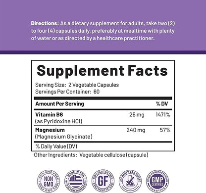 Magnesium Glycinate & Vitamin B6 Supplement High Absorption, Non-GMO, Supports Energy, Calm, Relaxation, and Muscle Health – 3rd Party Lab Tested, Gluten-Free by CGM Labs