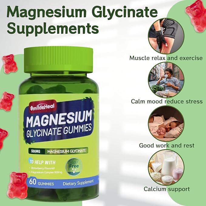 Magnesium Glycinate Gummies 500mg with L-Threonine 300mg - Sugar-Free Magnesium Potassium Supplement with Vitamin D, B6, CoQ10 - Strawberry Flavored - 60 Gummies
