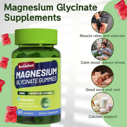 Magnesium Glycinate Gummies 500mg with L-Threonine 300mg - Sugar-Free Magnesium Potassium Supplement with Vitamin D, B6, CoQ10 - Strawberry Flavored - 120 Gummies