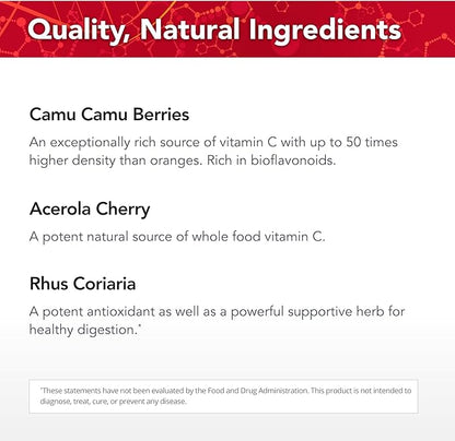 Physician's Strength Power-C - 90 Capsules - Raw Food Vitamin C + Flavonoids from Camu Camu, Acerola Cherry, Rhus coriaria & Rose Hip - Kosher - 30 Servings