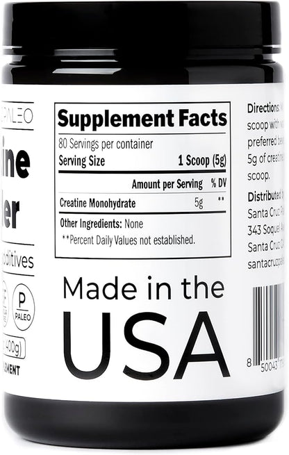 Santa Cruz Paleo Creatine Powder, Supports Muscle Growth & Energy, Gluten Free, Keto, Sugar Free, Paleo, No Fillers or Additives, Creatine Monohydrate Powder, 14.1oz, 80 Servings