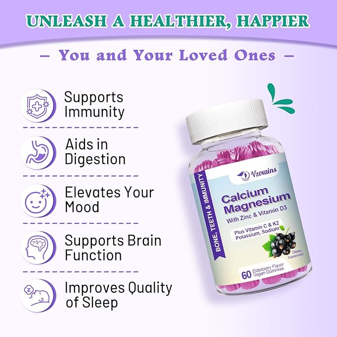 High Absorption Calcium Gummies, Sugar Free Calcium Magnesium Supplement with Potassium Vitamin D3 for B0ne & Teeth Strength, Muscle Function - Vegan, Elderberry Flavor 60 Cts