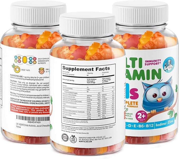 DR. MORITZ Kids Multivitamin Gummies 14 Essential Vitamins Daily Supplement for Ages 2+ Vitamin ACDE Vegetarian B6 B12 Zinc Biotin Gummy Multivitamins for Children- (60 Count)