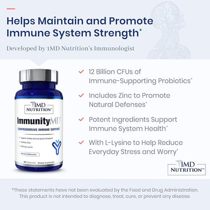 1MD Nutrition ImmunityMD - Immune Health Probiotic | Potent, Doctor-Selected Probiotic Strains with Prebiotic - Promote Overall Immune System Strength, Reduce Everyday Stress | 60 Capsules (2 Pack)