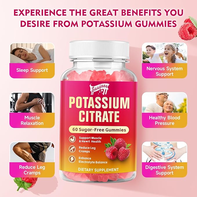 2 Pack Potassium Citrate Gummies 1000mg, Potassium Supplement for Adults Women & Men, Support Leg Cramps & Muscle Health, 120 Count