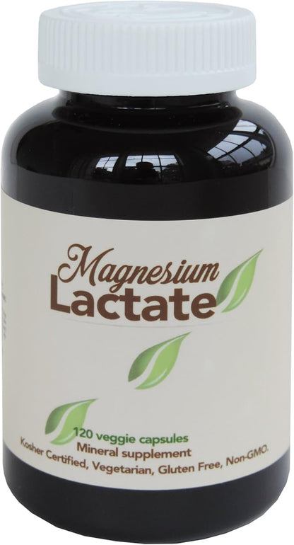 Magnesium Lactate 500 mg per Serving, 120 Easy to Swallow Small Vegetarian Capsules. Gluten Free. Doctor formulated. Highly bioavailable Formulation. High Absorption. Made in USA.