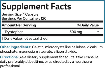 Bronson L-Tryptophan 500 MG High Potency Essential Amino Acid Supports Relaxation & Positive Mood Support Non-GMO, 120 Capsules