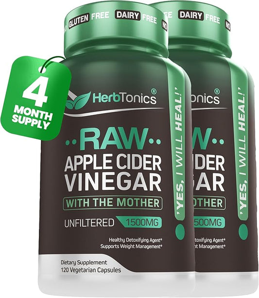 Herbtonics Raw Apple Cider Vinegar Capsules 1500mg with Mother | Weight Management, Detox & Digestion Formula with GLP-1 Support | Unfiltered ACV for Metabolic Support | 240 Vegan Capsules