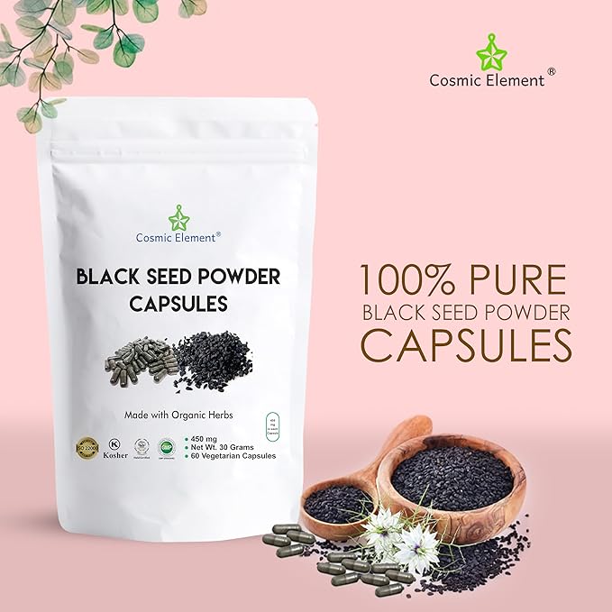 100% Pure Black Seed Powder Capsules Organic - Vegan Nigella Sativa 450mg Black Cumin Seeds per Serving- for Health - 60 Capsules