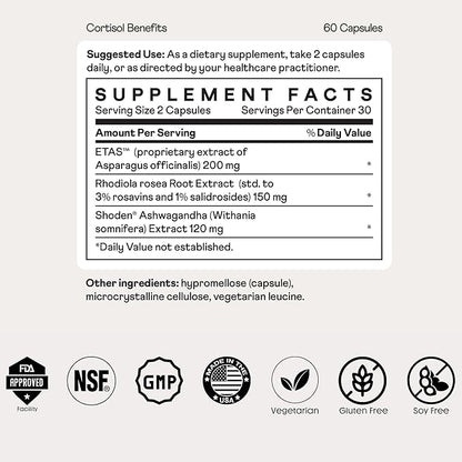 Nuray Cortisol Benefits Supplement - Adrenal Support with Rhodiola Rosea Supplement, Ashwaghanda - Gluten-Free, Vegetarian, Promotes Energy - 60 Capsules