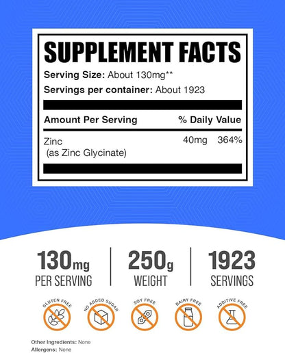 BulkSupplements.com Zinc Glycinate Powder - Zinc Supplement, for Immune Support - Gluten Free, 130mg per Serving, 250g (8.8 oz) (Pack of 1)
