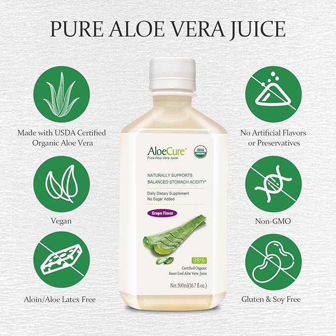 AloeCure USDA Organic Aloe Vera Juice Grape Flavor, Made Within 12 Hours of Harvest - Pure Aloe Vera Digestive & Immune Health Supplement, Helps Maintain Balanced Stomach Acidity, 16.7oz x 2 Btls