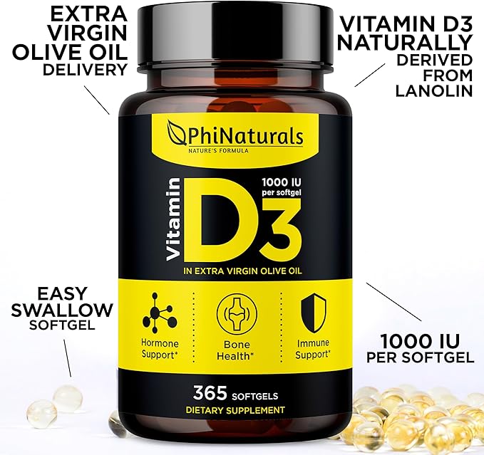 PhiNaturals Vitamin D3 1000iu Softgels Supplement Olive Oil Base 365 Gel Caps One Year Supply of VIT D, Vitamina D 3 1000 iu