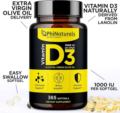 PhiNaturals Vitamin D3 1000iu Softgels Supplement Olive Oil Base 365 Gel Caps One Year Supply of VIT D, Vitamina D 3 1000 iu