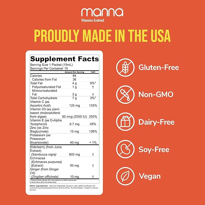 Manna Liposomal Elderberry Immune Packets – Vitamins C, D, Zinc, Echinacea & Ginger - Daily Immune Support for Adults & Kids - Sugar Free, Real Elderberry Extract & Syrup, Travel-Friendly, 15 Pack