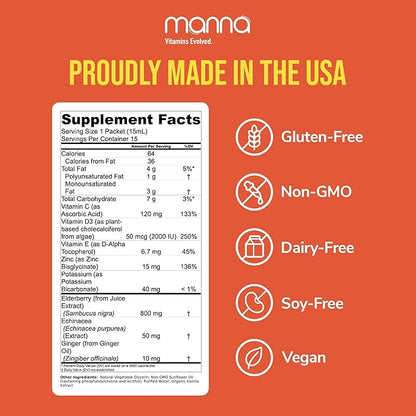 Manna Liposomal Elderberry Immune Packets – Vitamins C, D, Zinc, Echinacea & Ginger - Daily Immune Support for Adults & Kids - Sugar Free, Real Elderberry Extract & Syrup, Travel-Friendly, 15 Pack