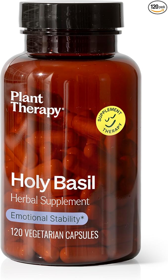 Plant Therapy Holy Basil Herbal Supplement Capsules, Supports Emotional Stability & Positive Mood, Combats Fatigue & Mental Tension, 120 Vegetarian Capsules (4 Month Supply), Made in The USA