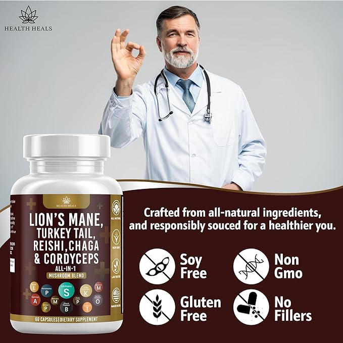 Mushroom Supplement with Lion's Mane Turkey Tail Reishi Cordyceps Chaga Marshmallow Root - 60 Count