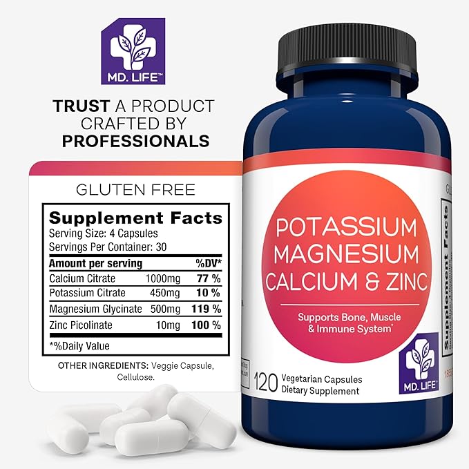 MD. Life Potassium Magnesium Zinc Calcium Supplement – Supports Bone Health & Muscle Health – Promotes Calcium Absorption and Immune Function – Magnesium Potassium Zinc Aspartate - 120 Capsules